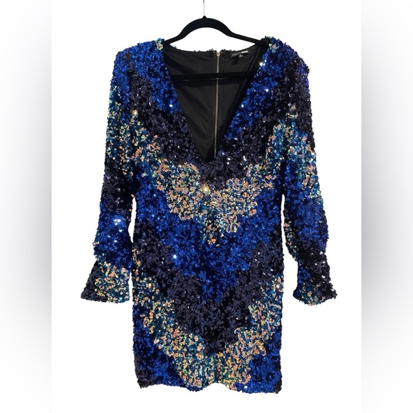 Fashion Nova Blue and Gold Sequin Mini Dress Long Sleeve Size Medium - Picture 2 of 5